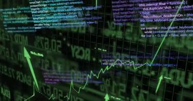 Oynatmada yeşil noktalı çizgi yükselirken, 3 boyutlu oklar piyasa dalgalanmasını görüntülemek için ölçeklendiriliyor. Finansal grafikler, veri görselleştirme, dijital analitik, iş zekası, geleceksel tasarım, teknoloji arayüzü, grafik büyümesi