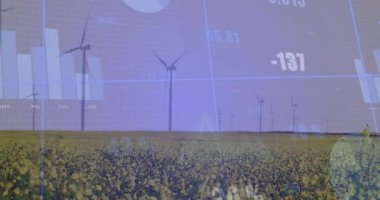 Çubuk çizelgesi rüzgar türbini alanının üzerinde görünürken, enerji eğilimlerini göstermek için güncellenen sayılar. Yenilenebilir, sürdürülebilirlik, veri görselleştirme, çevre dostu, modern, doğal manzara