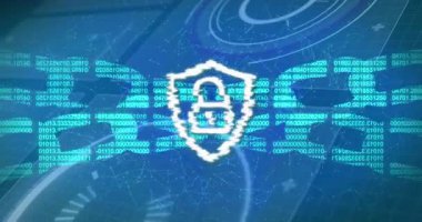 Mavi zemin üzerinde asma kilit ve blok zinciri olan dijital kalkanın animasyonu. küresel internet güvenliği, veri işleme ve dijital arayüz kavramı dijital olarak oluşturulmuş video.