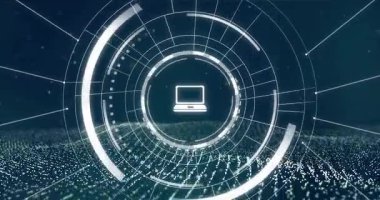 Parlayan veriler üzerinde dizüstü bilgisayar simgesi ortaya çıkıyor. Sonra veri ağını gösteren halkalar ve titreşim çizgileri dönüyor. Teknoloji, siber uzay, dijital, veri görselleştirme, ağ, yenilik, fütüristik