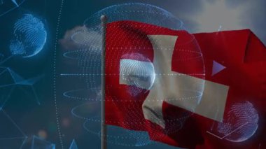 Dijital etkileşimi gösteren titreşimli şekiller etrafında dönen, kutup arkasında oluşan küre şeklinde dalgalanan İsviçre bayrağı. Vatanseverlik, teknoloji, dijital, ağ, yenilik, fütüristik, bağlantı