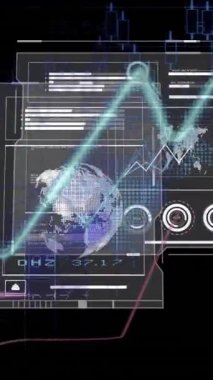 Finansal veri işleme animasyonunun dünya haritası ve siyah arkaplan üzerinde dünya haritası. Küresel iş, finans ve dijital arayüz kavramı dijital olarak oluşturulmuş video.