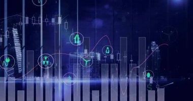 Yükselen kırmızı eğilim çizgisi, ölçümleri gösteren şamdan çubukları üzerinde yeşil enerji simgelerinin titreşmesine neden oluyor. Kentsel, veri, görselleştirme, geleceksel, dijital, analitik, teknoloji