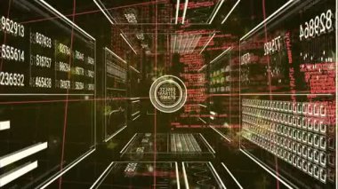 Kamera hareket etmeye başlıyor, HUD numaraları güncelliyor, koridor kodu görselleştiriyor. Fütürist, dijital, teknoloji, veri görselleştirme, siber, iç içe, soyut