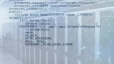 C + + + kodunun açılışını sunucu raflarının üzerine kaydır, API aramalarını göster, geometri mantığı. Teknoloji, programlama, yazılımsal hız, siber güvenlik, kod mimarisi, veri merkezi, sistematomasyon