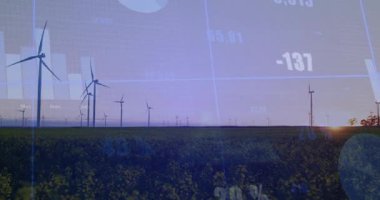 Güneşin yükselişi türbinlerin üzerinde azalarak enerjiyi takip eden sayıları ve çubukları güncelliyor. Yenilenebilir, sürdürülebilirlik, teknoloji, çevre, analitik, veri görselleştirme, açık hava