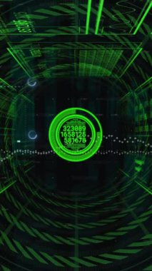 Veri işleme arayüzünün siyah arkaplandaki kusursuz desenli tünele karşı animasyonu. Bilgisayar arayüzü ve iş teknolojisi kavramı