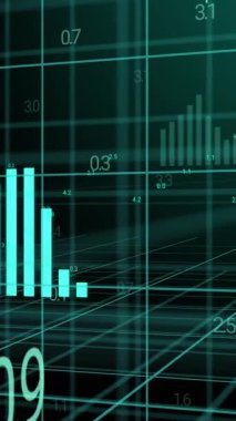 Mavi grafik ve veri işleme sisteminin 3 boyutlu animasyonu. Dijital olarak oluşturulmuş küresel iletişim, iş, finans ve veri arayüzü kavramı.