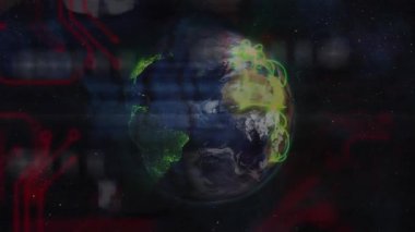 Küresel kavisleri birbirine bağlamaya başladığınızda PCB kod kaydırma görüntüsü verir, maske de veri akışını gösterir. Gelecekçi, siber, ağ, dijital, teknoloji, siber güvenlik, soyut