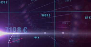 Izgara üzerinde para birimi etiketleri yüzer ve trend çizgileri büyür ve trend çizgileri eğilimleri gösterir. Veri görselleştirme, dijital analitik, finansal grafikler, neon estetik, hareket grafikleri, teknolojik arayüz, soyut analitik