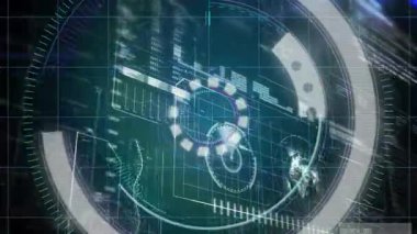 Karanlık şebeke, tarama ışınları ile dönen halkaları gösteriyor. Bu da veri gösteren kod panellerine neden oluyor. Fütürist, arayüz, teknoloji, veri görselleştirme, dijital, şematik, yüksek teknoloji
