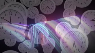 Sol şeritten çıkan kurdele yüzen saatlerin arasından geçip atımlı bantlara dönüşerek zamanı belirliyor. Özet, zaman, hareket, ışıklandırma, fütürist, dijital, görselleştirme