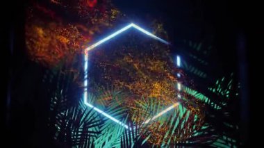 Sürüklenen turuncu-kırmızı bulut neon-mavi altıgenlere çarpıyor, palmiye şekillerini doldurarak kareye yükseliyor. Fütürist, enerjik, soyut, dijital, enerjik, dinamik, aydınlık