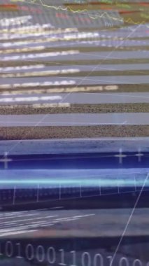 Animation of financial data processing over man walking on street. Global business, finances and digital interface concept digitally generated video.