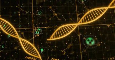 Altından DNA sarmalını yükleyen arayüzde ekolojik ikonlar kenetlenme iplikçikleri bağlantıları gösterirken dalgalanıyor. Gelecek, biyoteknoloji, yenilik, dijital, sürdürülebilirlik, teknoloji, moleküler