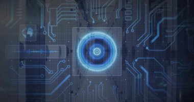 Koridorun üzerinde şebeke beliriyor, çerçeve darbe çemberiyle ortaya çıkıyor, çizgiler veri HUD 'u oluşturuyor. Gelecek, teknoloji, arayüz, dijital, yenilik, analitik, bağlantı