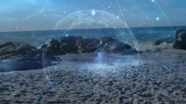Günbatımında plajda voleybol oynayan beyaz bir kadın üzerinde bağlantılar ve dünyanın animasyonu. spor aktif yaşam tarzı, bağlantılar, teknoloji ve dijital arayüz kavramı dijital olarak oluşturuldu