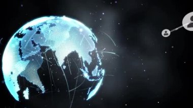 Uzayda görünen 3 boyutlu küre, küresel ağı gösteren kullanıcı simgelerini birbirine bağlayan, dönen ve yay yayıyor. Futuristik, teknoloji, bağlantı, küresel, soyut, dijital, yenilikçi