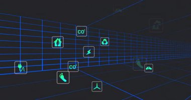Başlangıçta neon eko simgeleri ızgara koridorunda beliriyor, kamera veri akışı için kayıyor. Fütürist, dijital, çevre dostu, sürdürülebilir, teknoloji, yenilik, veri görselleştirmesi