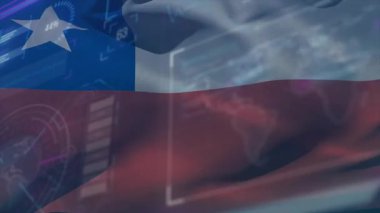 Bayrak dalgalanması, Şili bayrağı dalgalanması, HUD elementlerinin verileri güncellemesi, nabız atması, görselleştirme metrikleri. Vatanseverlik, teknoloji, holografi, veri görselleştirme, fütüristik, grafik tasarım, ulusal sembol