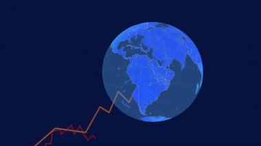 Yukarı doğru yükselen alt sol çizgiler veri eğilimlerini görselleştirirken üç boyutlu dünyayı döndürüyor. Teknoloji, analitik, görselleştirme, yenilik, dijital, bağlantı, grafik