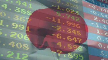 Ticker değerleri kayan kırmızı disk yukarı doğru sürükleniyor çizgilerle kaybolan profili kapatıyor. Finans, pazar, dijital, teknoloji, şirket, yatırım, veri