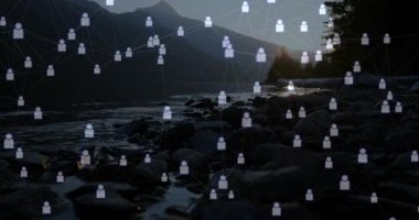 Gölün üzerinde beliren soluk kullanıcı simgeleri, kümelenme, dijital ağı görselleştirmek için çizgiler. Teknoloji, bağlantı, altyapı, görselleştirme, manzara, manzara, yenilik