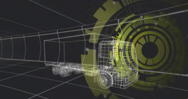 Tel çerçeve yük kamyonu 3 boyutlu ızgara tüneline giriyor. Dönen ızgara hatları hareket simülasyonu yapıyor. Teknoloji, yenilik, dijital, ulaşım, hareket, fütürizm, görselleştirme