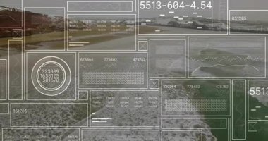 Görünürdeki veri panelleri ile HUD örtüşmesi başlatılıyor ve izleme için gösterge artarken kodlar çevriliyor. Fütüristik, teknoloji, veri görselleştirme, kıyı, izleme, analitik, minimalist