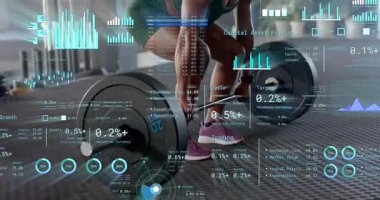 Halter tutan kadın kaldırıcı, hareketli finans çizelgeleriyle kaldırma işlemini başlatıyor. Sporcu, güç, yenilik, dijital, fitness, güçlendirme, performans