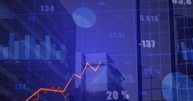 Sol altta ve merkezin üstünde görünen mali tablolar, eğilimleri gösteren çizgiler. Veri görselleştirme, analitik, dijital gösterge paneli, kurumsal, modern, soyut, büyüme