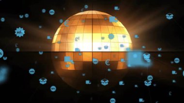 Parlayan turuncu kürenin üzerine mavi simgeler, ticaret ağını göstermek için dışarı doğru süzülüyor. Teknoloji, bağlantı, yenilik, dijital, ağ, iletişim, fütürist