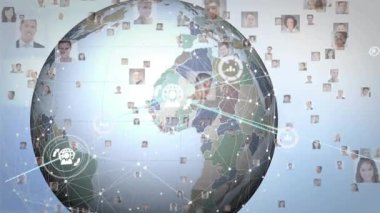 Küre merkezi titreşimlere neden oluyor, simgeler ve avatarlar ortaya çıkıyor ve veri akışını göstermek için bağlanıyor. Bağlantı, küreselleşme, yenilik, dijital, işbirliği, teknoloji, ağ