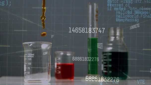 Animation of data processing over beakers with liquid. global science and digital interface concept digitally generated video.