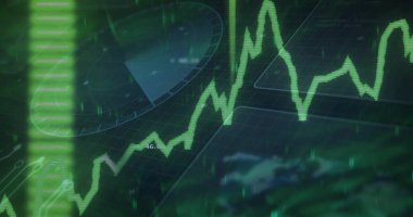 Sanal gösterge panelinde radar elemanı ile dalgalanan yeşil çizgili grafiği gösteriyor. Teknoloji, veri, analitik, arayüz, gelecekçilik, dijital, yenilik