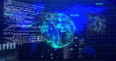 Mavi ızgara haritası üzerinde dönen holografik dünya, kod, sayısal okumalar ve radar grafikleri. Fütürist, dijital, arayüz, görselleştirme, teknoloji, sürükleyici, küresel