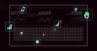Çizgi grafikleri, yeşil simgeler koyu arayüzlü yüzen ölçümleri gösteren şematik klavye gösteriliyor. Teknoloji, analitik, dijital, veri görselleştirme, siber güvenlik, sinirsel ağ, sürdürülebilirlik