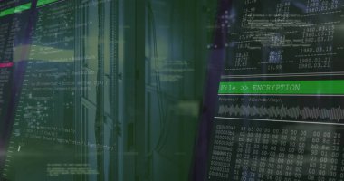 Displaying server rack with cables in data center, showing green code and encryption progress panel. Cybersecurity, data, technology, digital, futuristic, abstract, industrial