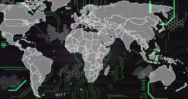 World map outlines glowing on grid background, with neon-green circuit traces and binary digits. Futuristic, digital, technology, cyber, network, neon, connectivity