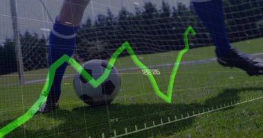 Dribbling soccer ball on grassy pitch near goal, featuring grid overlay and green performance graph. Athletic, sports, competition, analytics, performance, outdoor, action