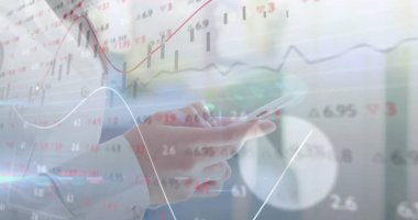 Tapping smartphone, Asian woman's hands wearing blouse in office, with financial chart overlays. Technology, finance, analytics, business, digital, modern, investment