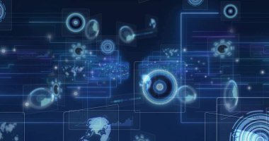 Sanal uzayda, paneller, ağ hatları, parlayan parçacıklar ile dairesel arayüz elementini döndürmek. Fütürist, teknoloji, dijital, sanal, soyut, veri görselleştirme, ağ