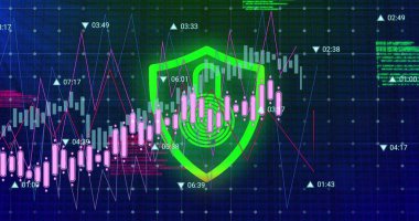 Interface displaying pinkwhite candlesticks, purpleblue lines on grid with shieldicon codetext. Financial technology, cybersecurity, data visualization, fintech, digital security, analytics, investment