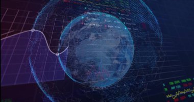 Sanal analitik gösterge panelinde dijital veri noktalarıyla dönen holografik dijital küre. Teknoloji, veri, görselleştirme, analitik, fütüristik, yenilik, finans