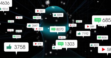 Displaying dotted silhouette pulsing connections in cyberspace with notification icons. Digital, futuristic, network, technology, innovation, connectivity, abstract