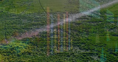 Uçsuz bucaksız yeşil tarım arazilerini şeffaf veri çubukları, kılavuz hatları ve veri noktalarıyla gösteriyor. Tarım, hassas tarım, insansız hava aracı, veri görselleştirme, modern tarım, sürdürülebilir tarım arazisi, sensör teknolojisi.
