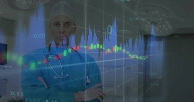 Standing mature male surgeon crossing arms, viewing superimposed financial charts in operating room. Clinical, visualization, analytical, modern, healthcare, technology, precision