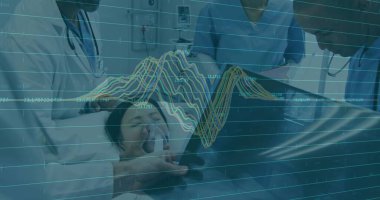 Healthcare team monitoring female patient wearing oxygen mask in ICU, with ECG readouts overlay. Medical, healthcare, hospital, critical care, diagnosis, clinical, teamwork