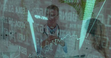 Explaining patient data doctor in white coat presenting digital display in clinic, with stethoscope. Medical, healthcare, technology, analysis, professional, consultation, diagnostic