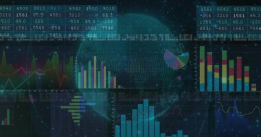 Analitik gösterge panelinde, çubuk ve çizgi grafikleri ve tabloları olan 3D küresel ikili kod gösteriliyor. Teknoloji, veri, görselleştirme, dijital, geleceksel, arayüz, zeka